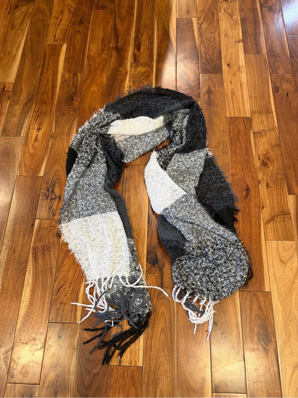 Neutral Patchwork Fringe Scarf - Black, Gray & White
